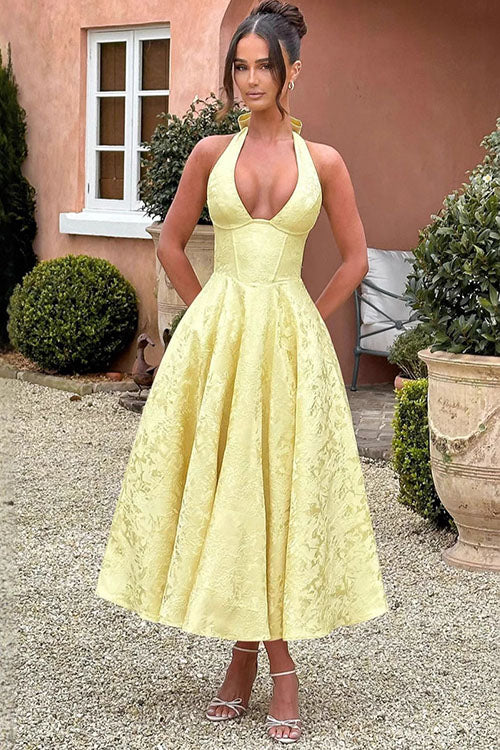 Graceful women's halter V-neck jacquard maxi dress for summer evenings.
