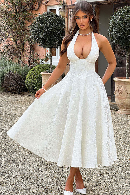 Beautiful sleeveless jacquard maxi dress for women, perfect halter V-neck style.