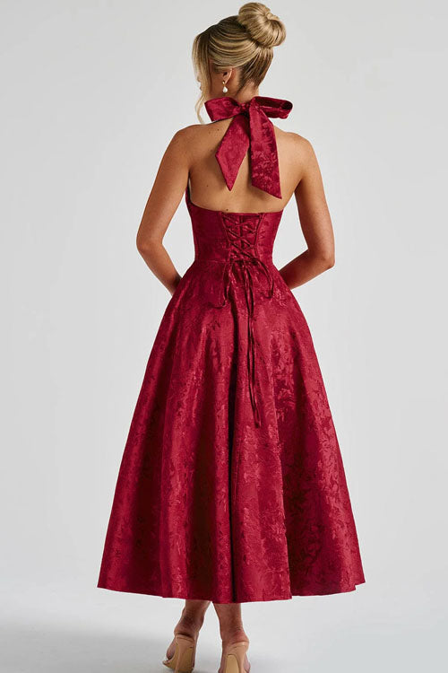 Timeless women's formal maxi dress, elegant jacquard with a halter V-neck.