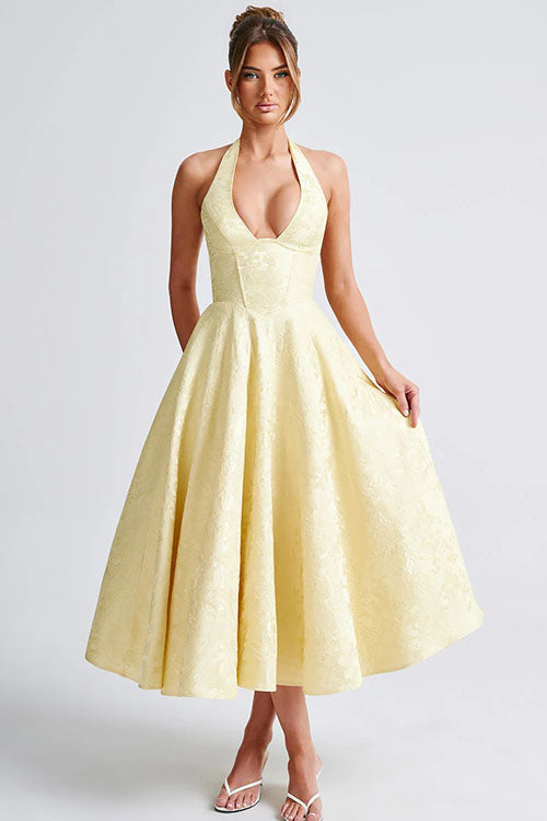 Elegant women's summer maxi dress with a chic halter V-neck and jacquard fabric.