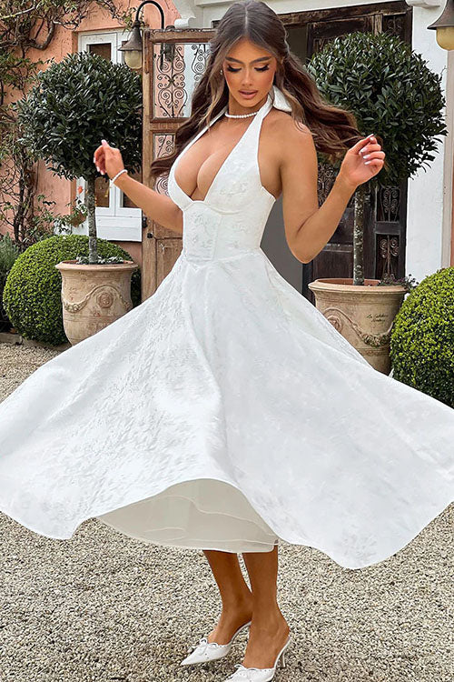 Halter V-neck jacquard maxi dress for women, perfect for elegant evening events.