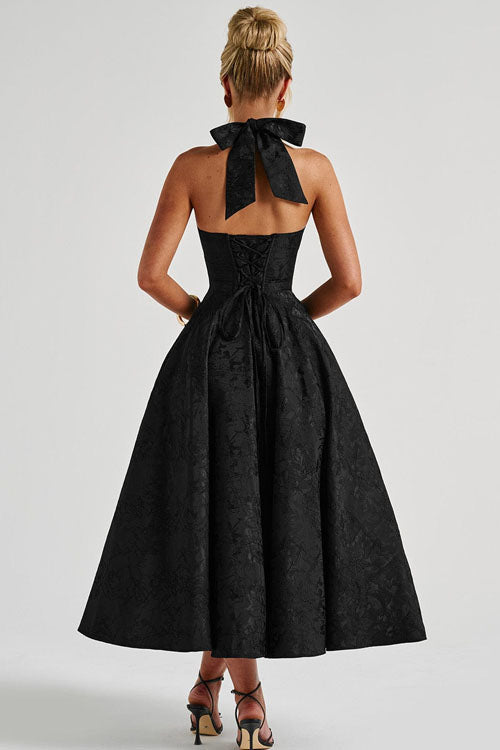 Women's special occasion dress: sleeveless jacquard maxi, flattering halter V-neck.