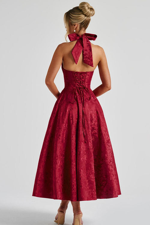 Stylish women's party wear: elegant jacquard halter V-neck maxi dress.