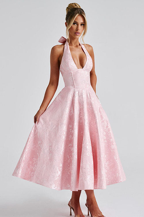 Beautiful women's formal dress: jacquard maxi with a sophisticated halter V-neck.