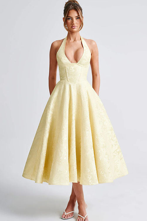 Women's summer evening wear: elegant halter V-neck jacquard maxi dress.