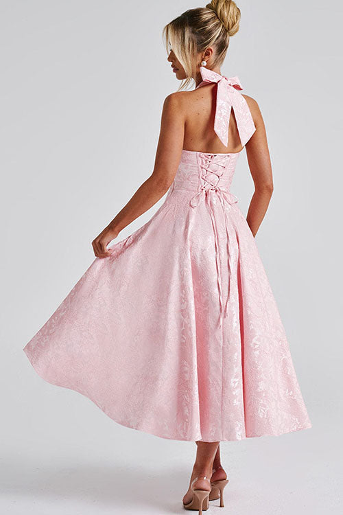 Sophisticated women's party maxi dress, halter V-neck, elegant jacquard design.