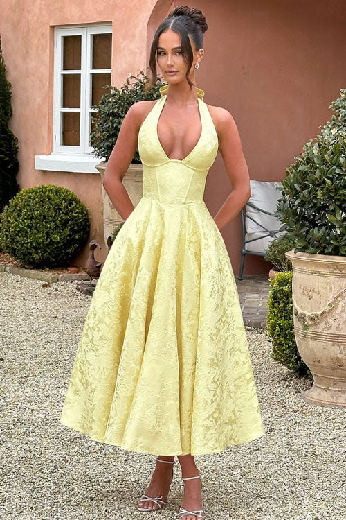 Stunning special occasion women's maxi dress, jacquard fabric, halter V-neck.