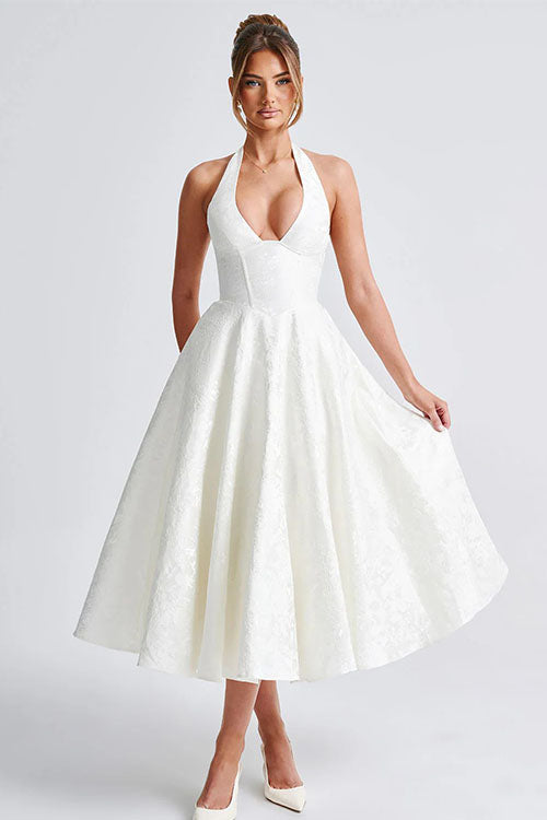 Chic women's jacquard maxi dress, perfect for parties, featuring a halter V-neck.
