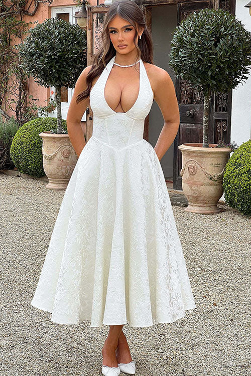 Beautiful women's formal sleeveless maxi dress, elegant jacquard, halter V-neck.