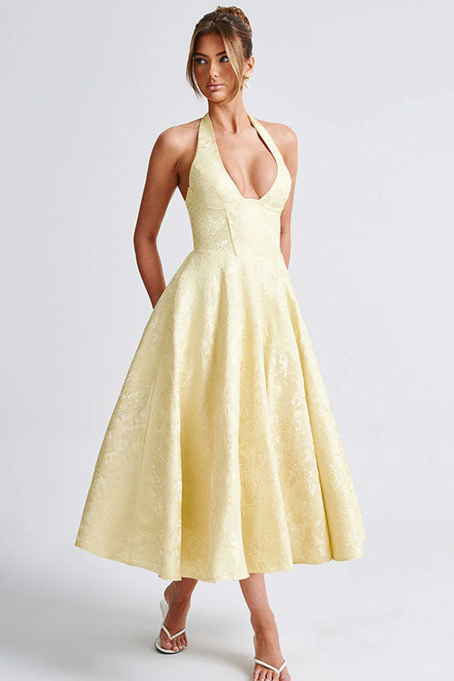 Sophisticated women's halter V-neck maxi dress, ideal for any special occasion.