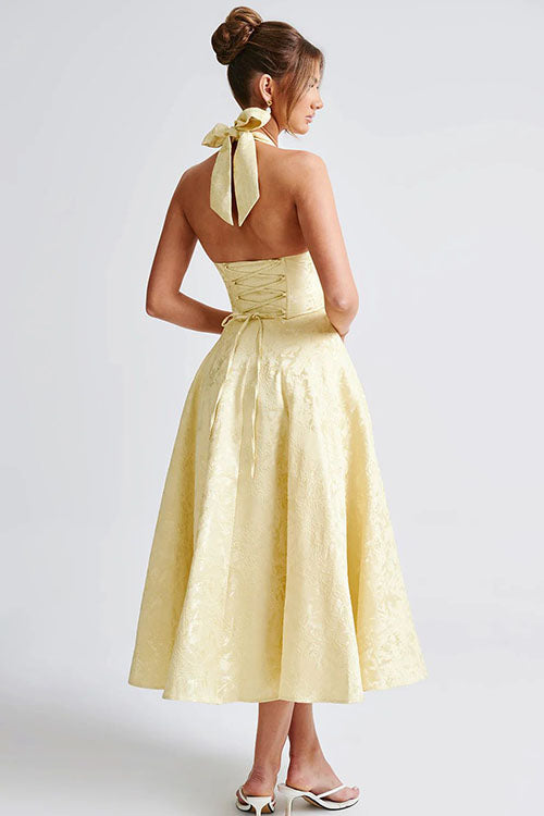 Elegant jacquard maxi dress for women, sleeveless, with a graceful halter V-neck.
