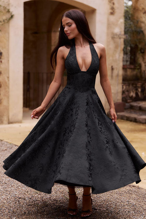 Beautiful jacquard maxi dress with a flattering halter V-neck design for women.