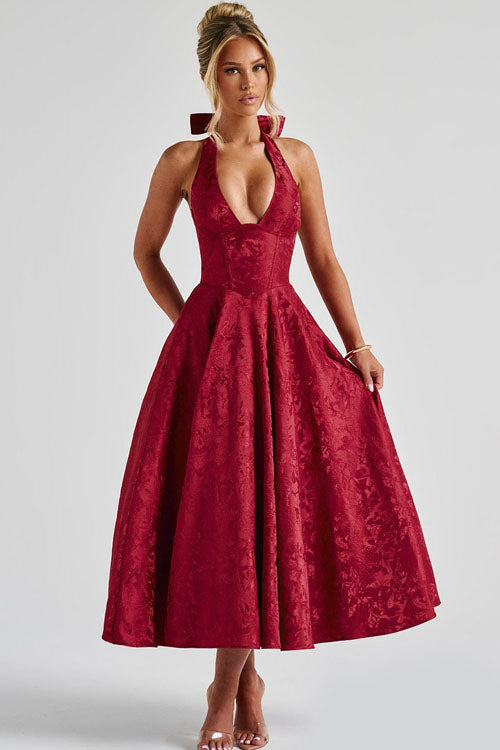 Summer elegant halter V-neck maxi dress for women, exquisite jacquard fabric.