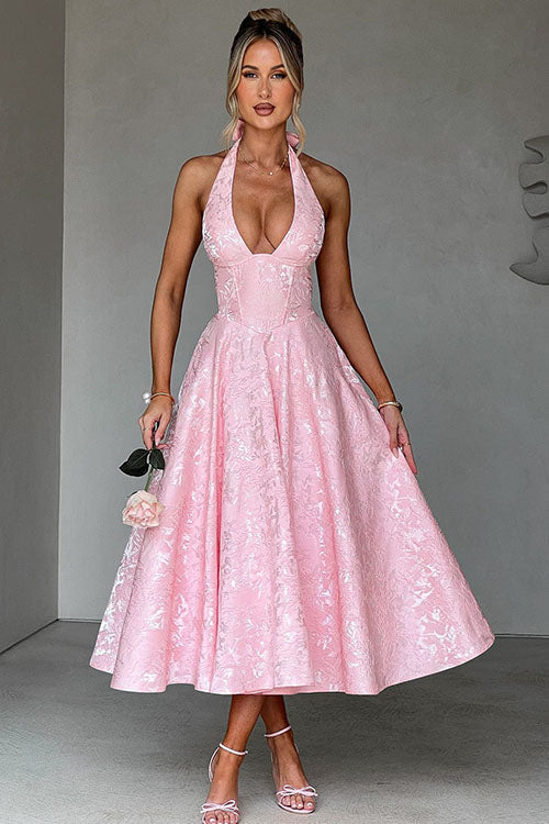 Women's special occasion halter V-neck jacquard maxi dress, a chic evening look.