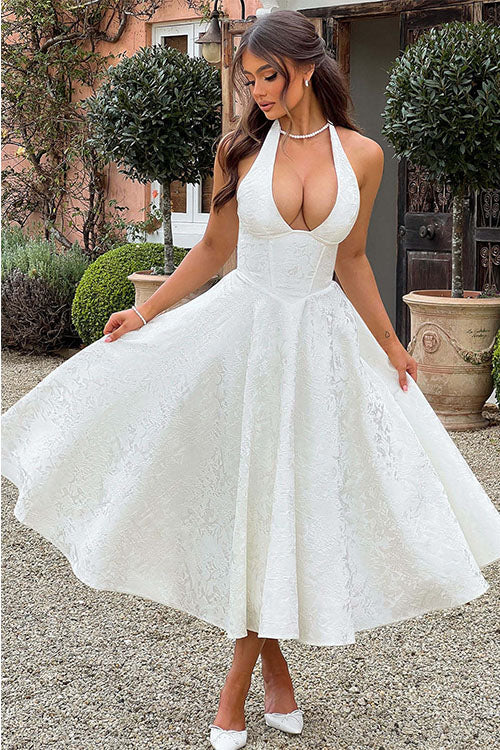 Graceful women's party dress: halter V-neck jacquard maxi, perfect for any event.