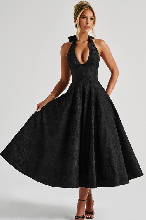 Flowing jacquard maxi dress for women, featuring a chic halter V-neck.