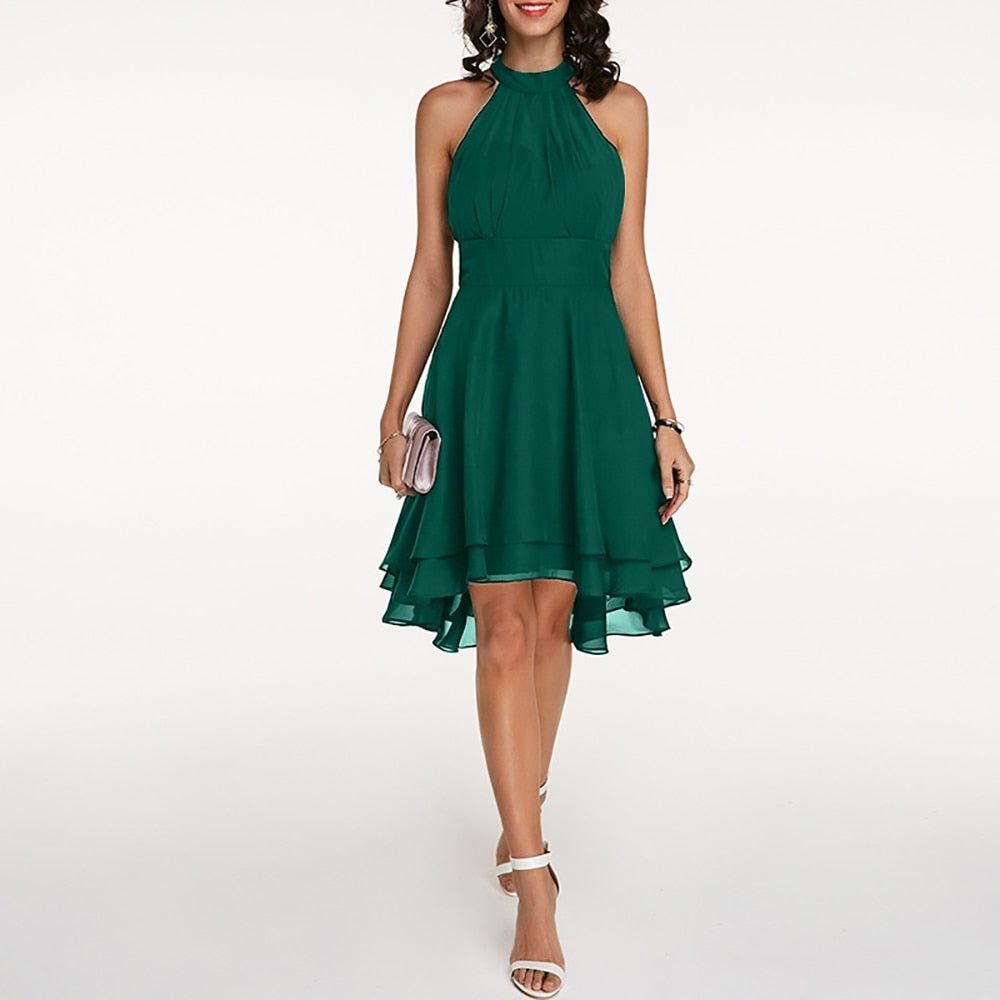 Chic women's halterneck A-line evening dress, ideal for cocktail parties, formal events, or smart casual gatherings.