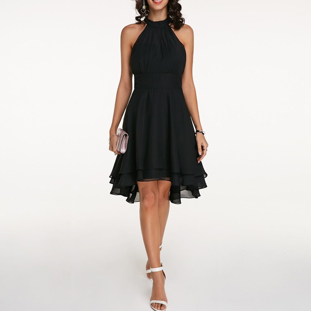 Stylish women's A-line halterneck dress, offering a flattering fit and elegant design for any special occasion.