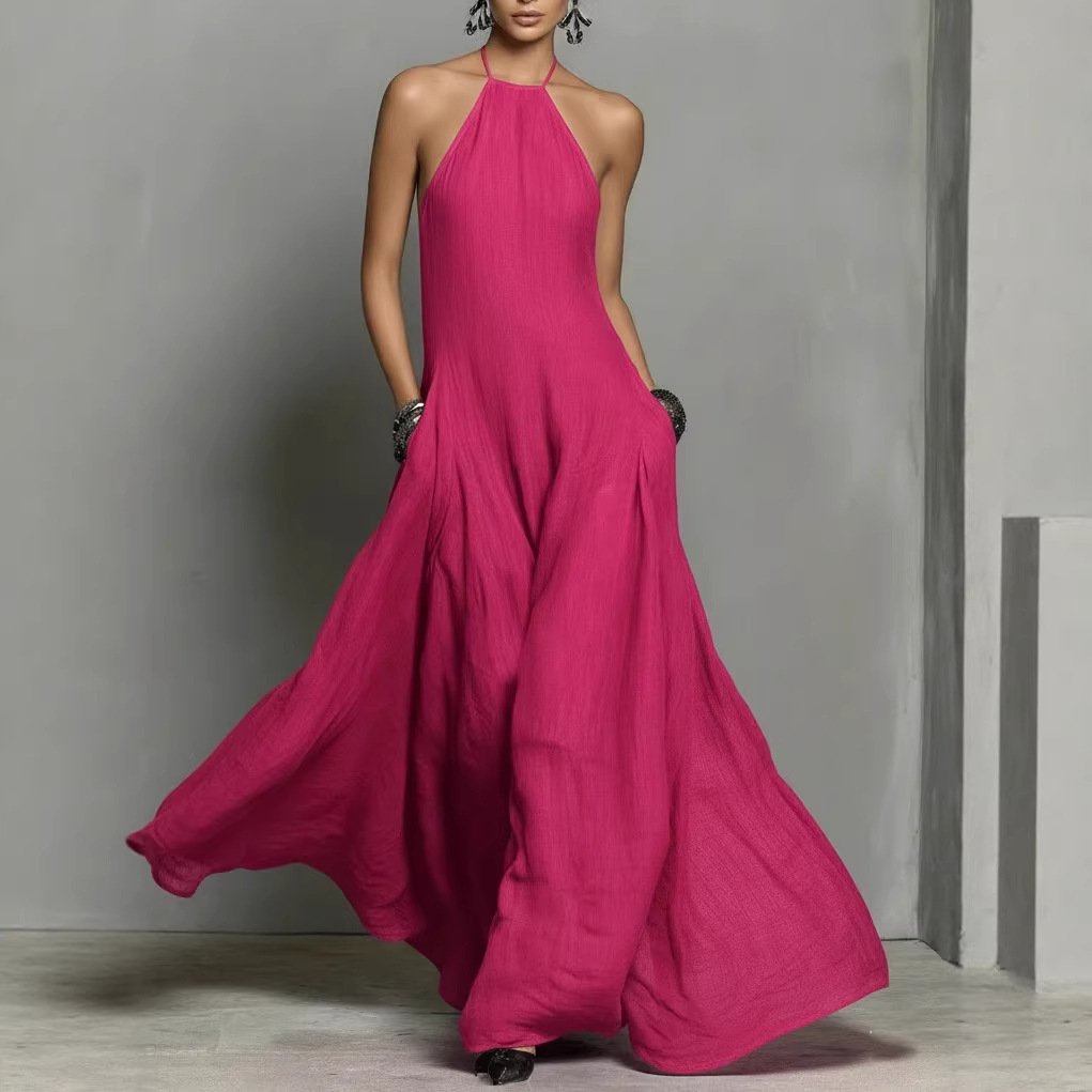 Women's elegant halterneck maxi dress, a chic sleeveless summer dress with flowy design.