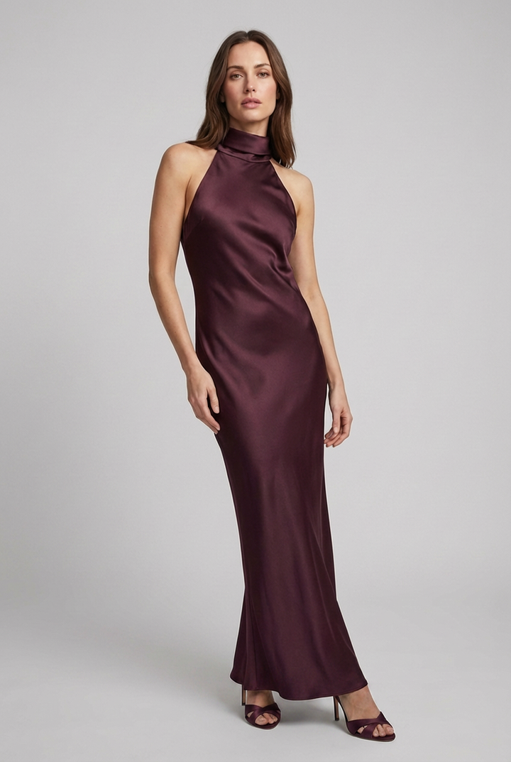 Elegant women's halterneck maxi dress, perfect for wedding guests, black-tie, or formal evening events.