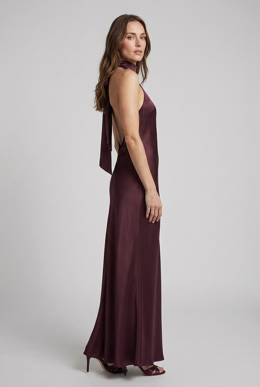Sophisticated sleeveless halterneck maxi dress for women, an ideal evening gown for special occasions & formal wear.