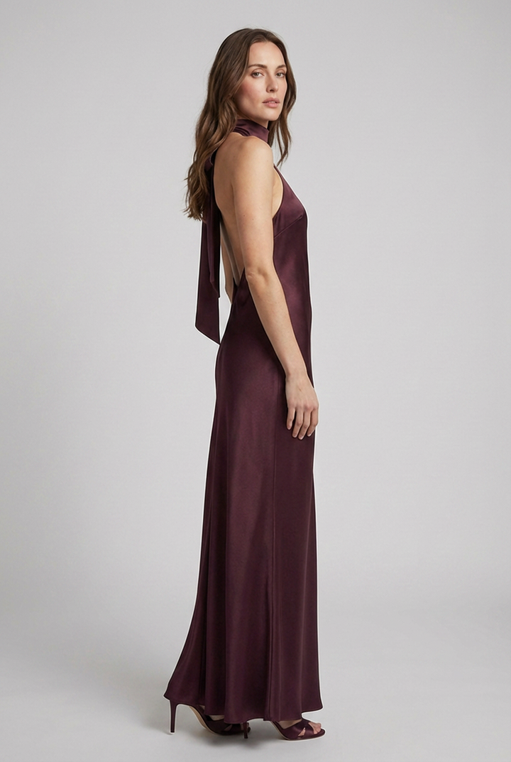 Sophisticated sleeveless halterneck maxi dress for women, an ideal evening gown for special occasions & formal wear.