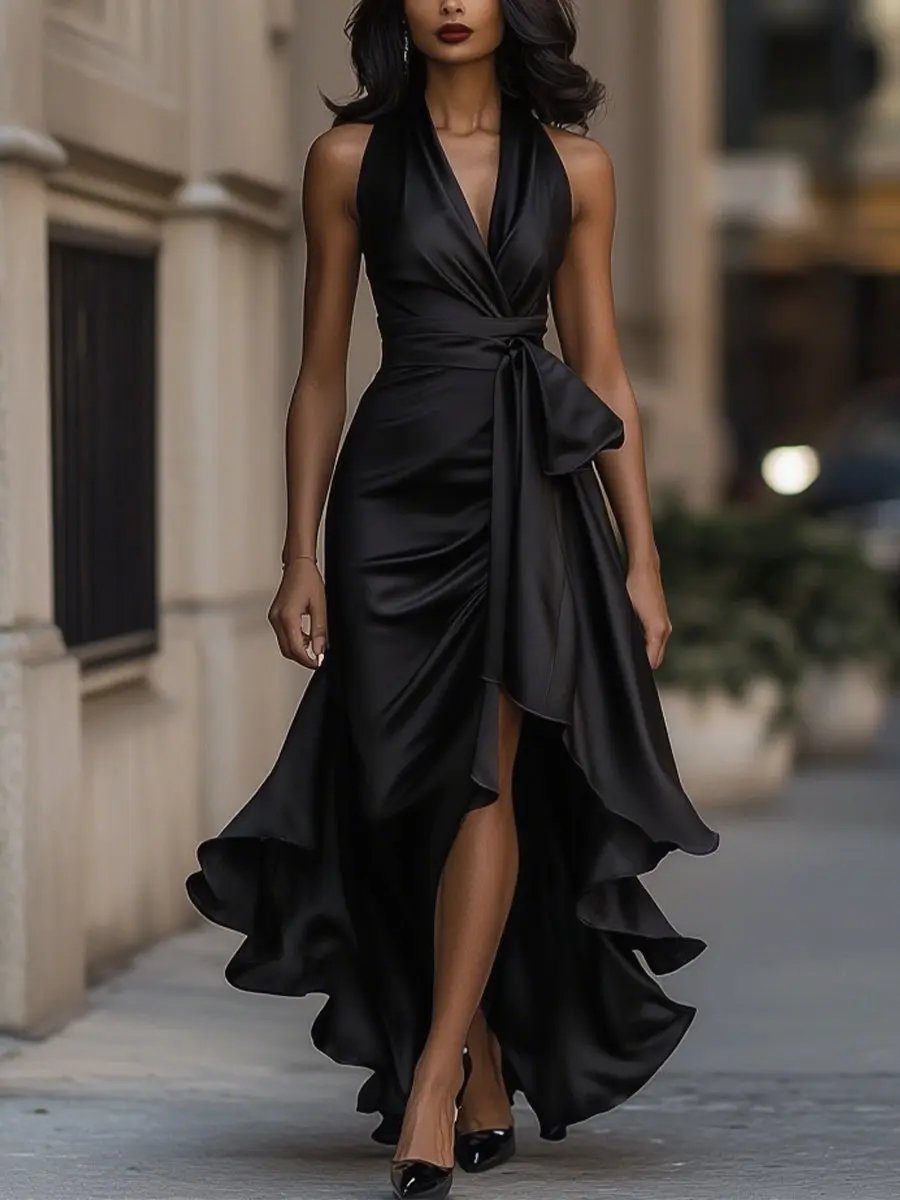 Graceful women's halterneck maxi dress, a perfect long formal evening gown or party dress.