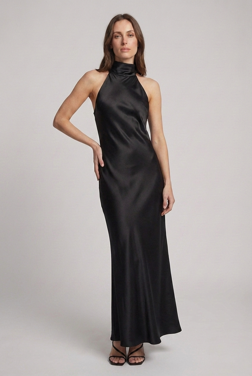 Formal women's halterneck maxi dress, designed for special events like galas, proms, or upscale dinner parties.