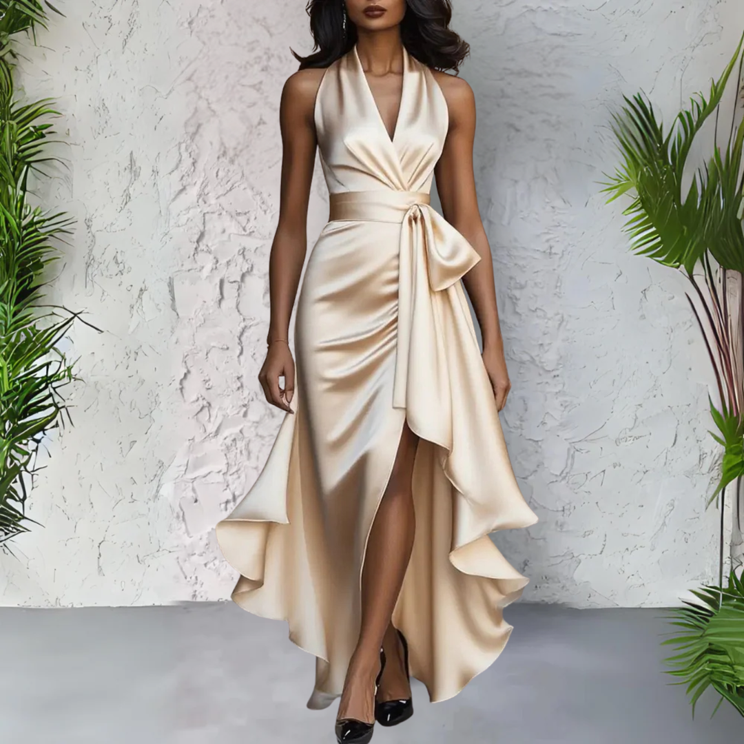 Elegant women's halterneck cocktail maxi dress; sophisticated for parties & special occasions.