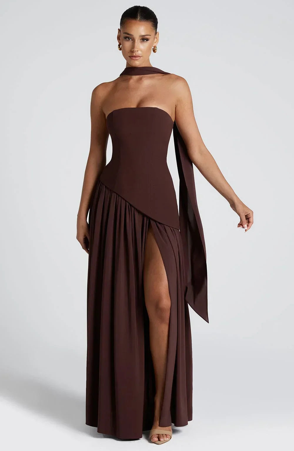 Elegant women's halterneck maxi dress with high split, perfect for special occasions & formal events.