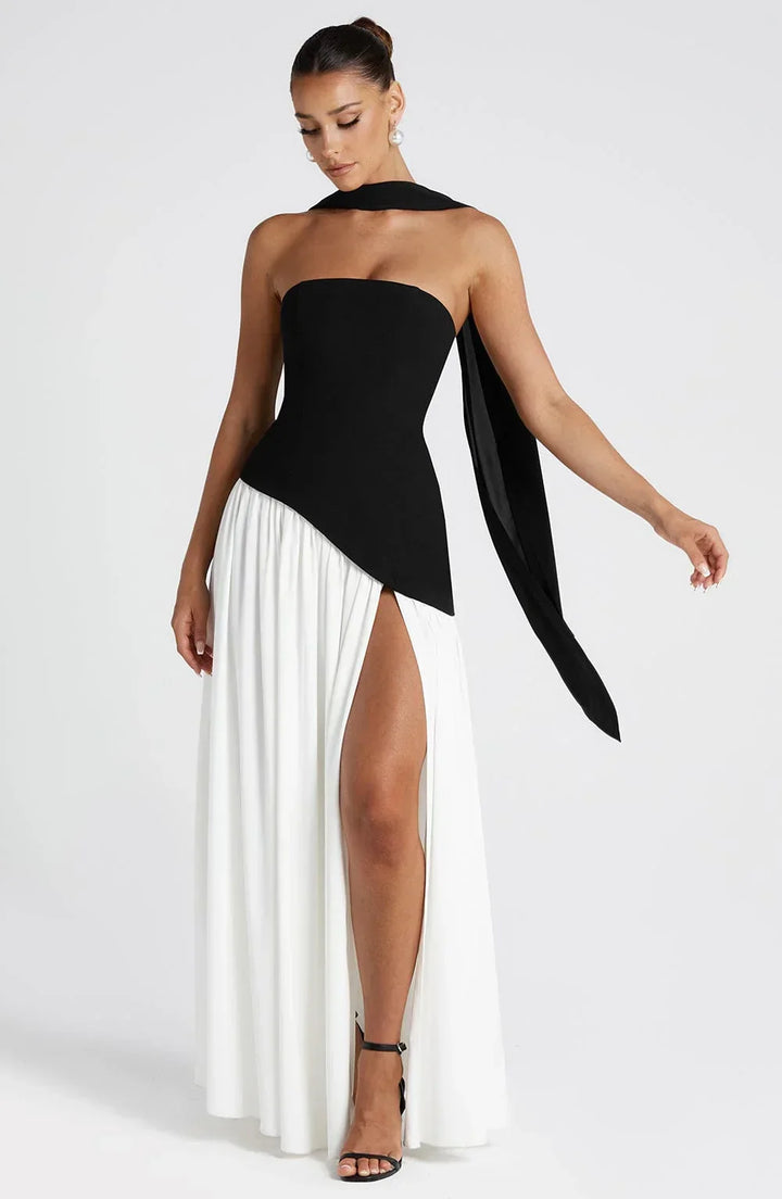 Elegant choice: Halterneck maxi dress with high split, a formal evening gown for women.