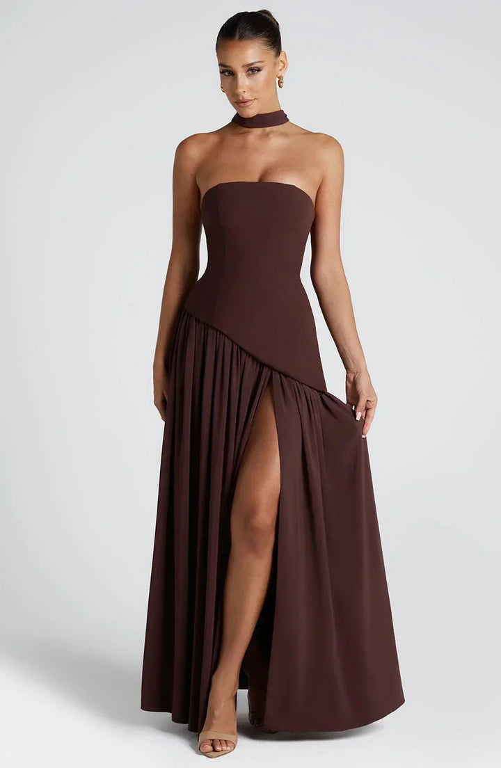 Women's elegant halterneck maxi dress, high split formal gown for special events & parties.