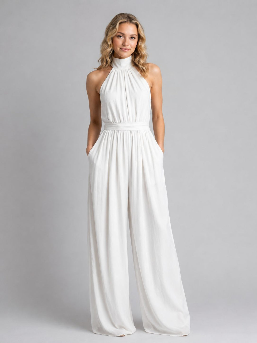 Elegant women's halterneck wide-leg jumpsuit, perfect for summer parties & formal occasions.