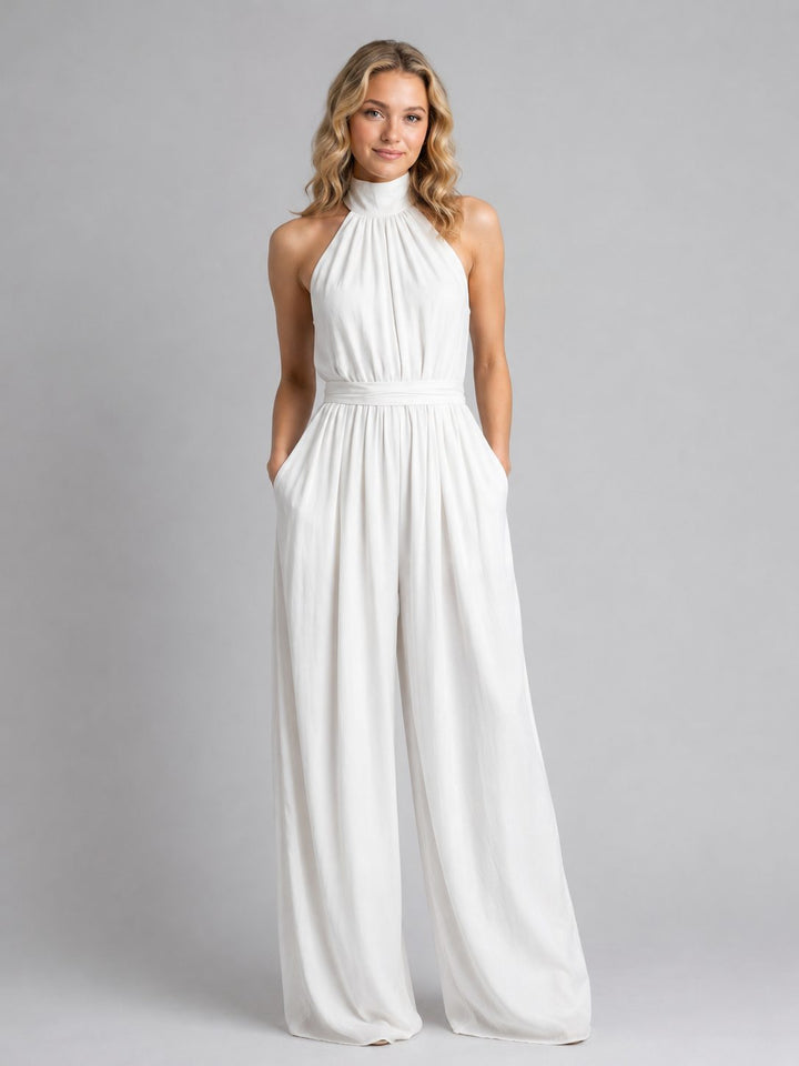 Elegant women's halterneck wide-leg jumpsuit, perfect for summer parties & formal occasions.