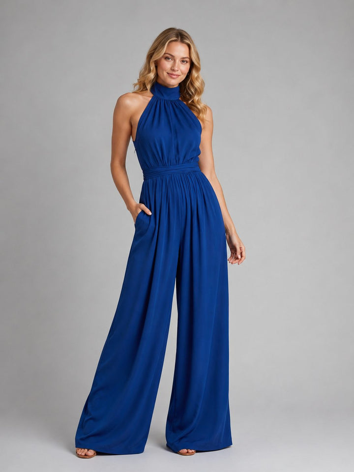 Women's formal halterneck wide-leg jumpsuit, suitable for occasionwear, parties, and evening events.
