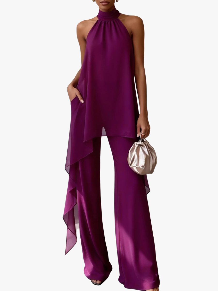 Elegant women's halterneck wide leg trouser set in purple, perfect for evening wear & special occasions.