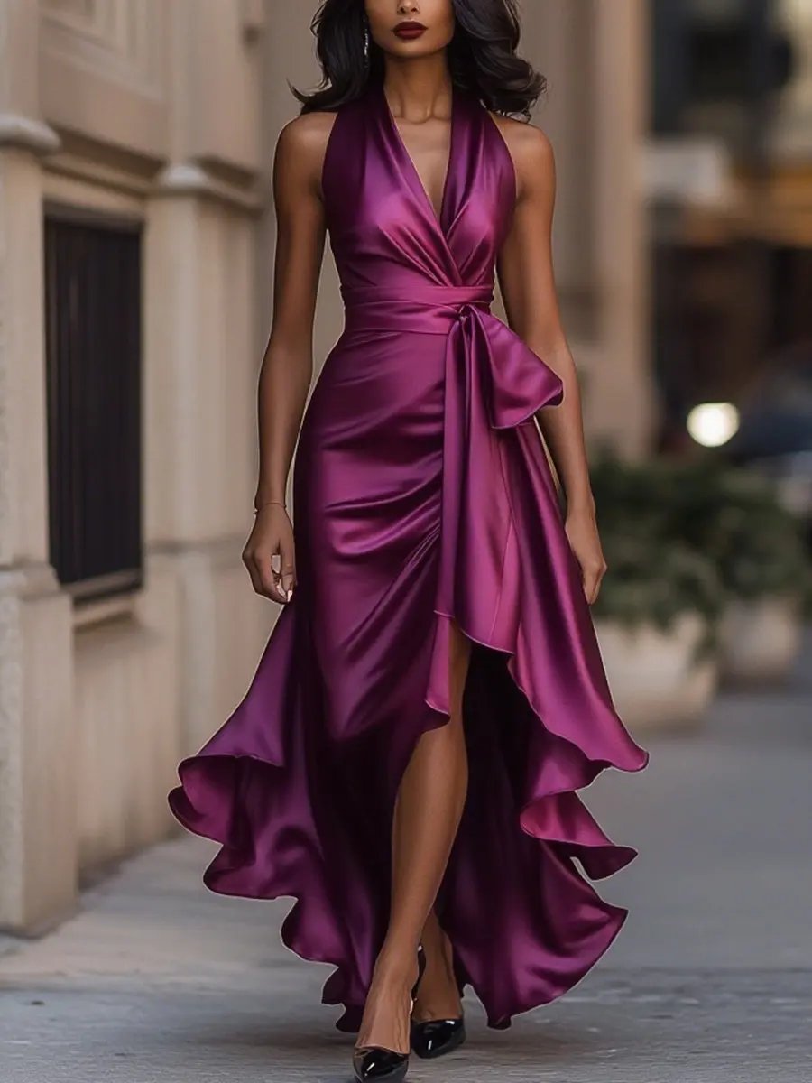 Adjustable fit women's halterneck wrap maxi dress. Elegant evening gown, sophisticated formal attire for parties.