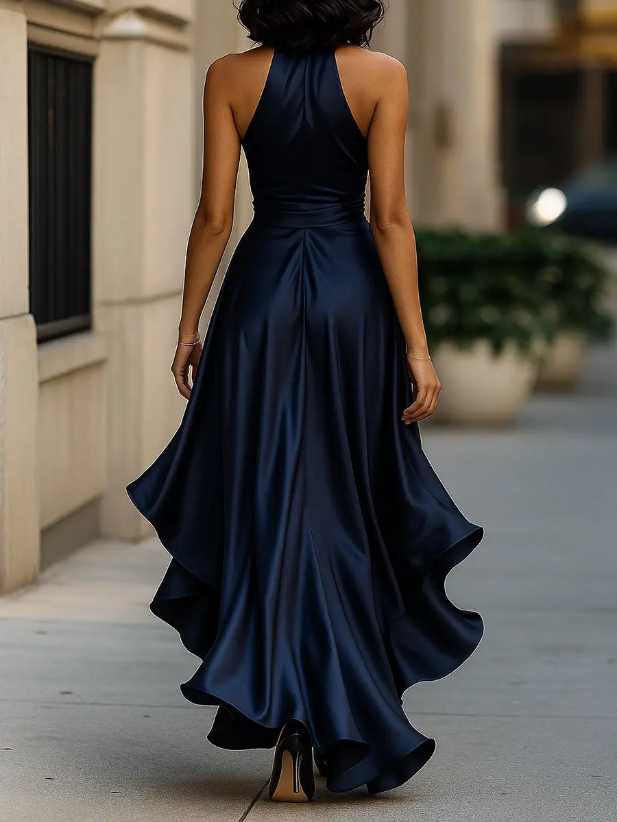 Chic women's elegant halterneck maxi dress. Wrap style evening gown for cocktail parties & formal attire.