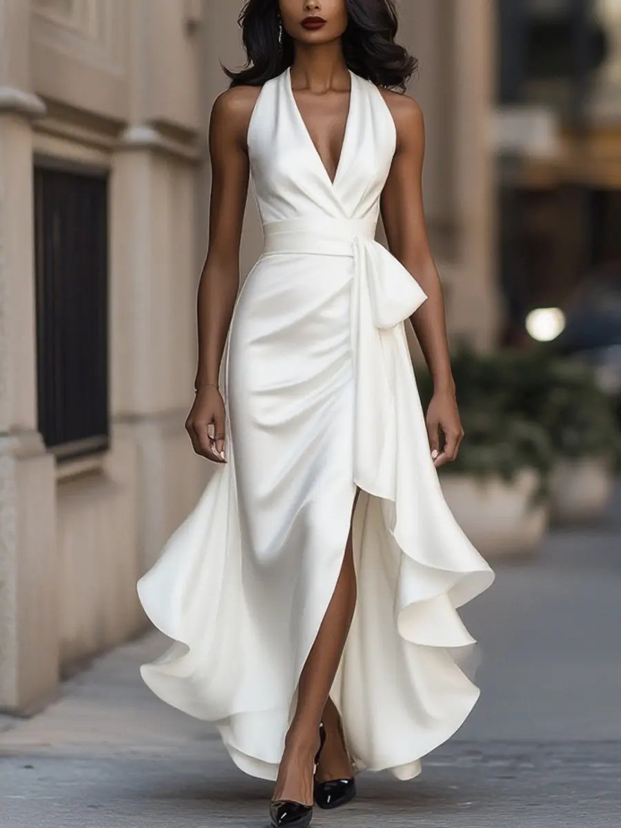 Sophisticated women's elegant halterneck wrap maxi dress. Flowy evening gown, perfect formal attire for parties.