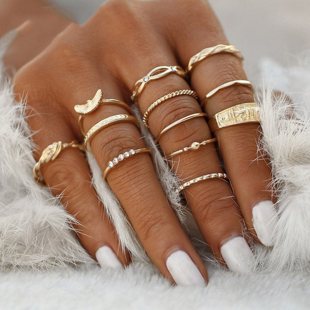Boho-chic handmade silver ring set for women, stackable design, perfect for a free-spirited style.