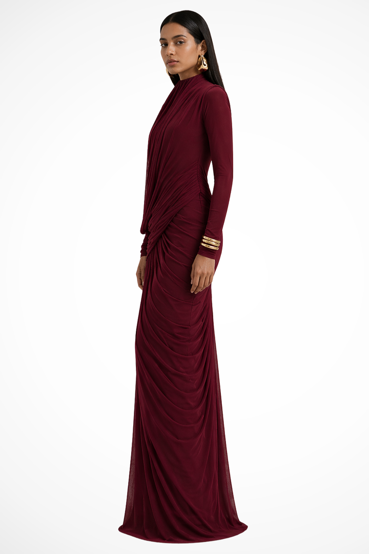 Burgundy elegant high neck draped maxi dress for women. Ideal wedding guest, formal occasion, or evening wear.