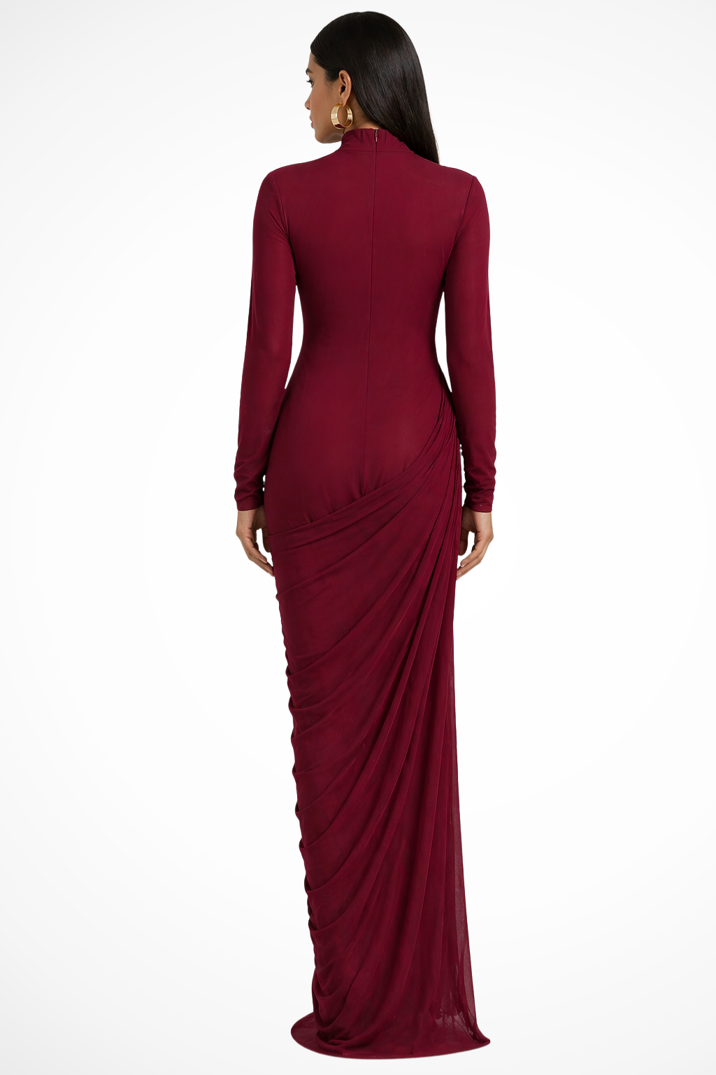 Green women's high neck long sleeve draped maxi dress. Perfect sophisticated wedding guest or formal evening gown.