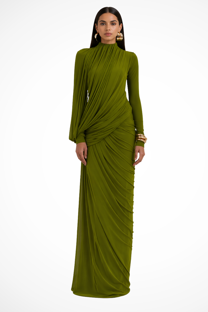 Women's high neck, long sleeve, draped maxi dress. Elegant formal gown for wedding guests & special occasions.