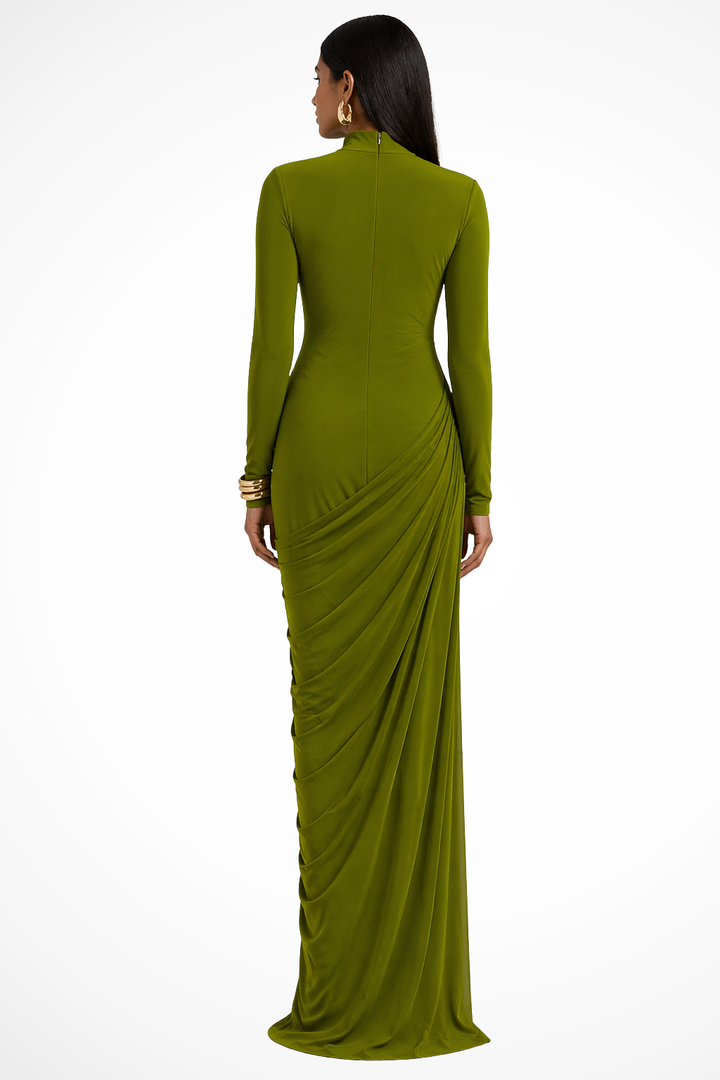 Sophisticated women's wedding guest maxi dress with elegant high neck & draped details. Perfect formal evening wear.