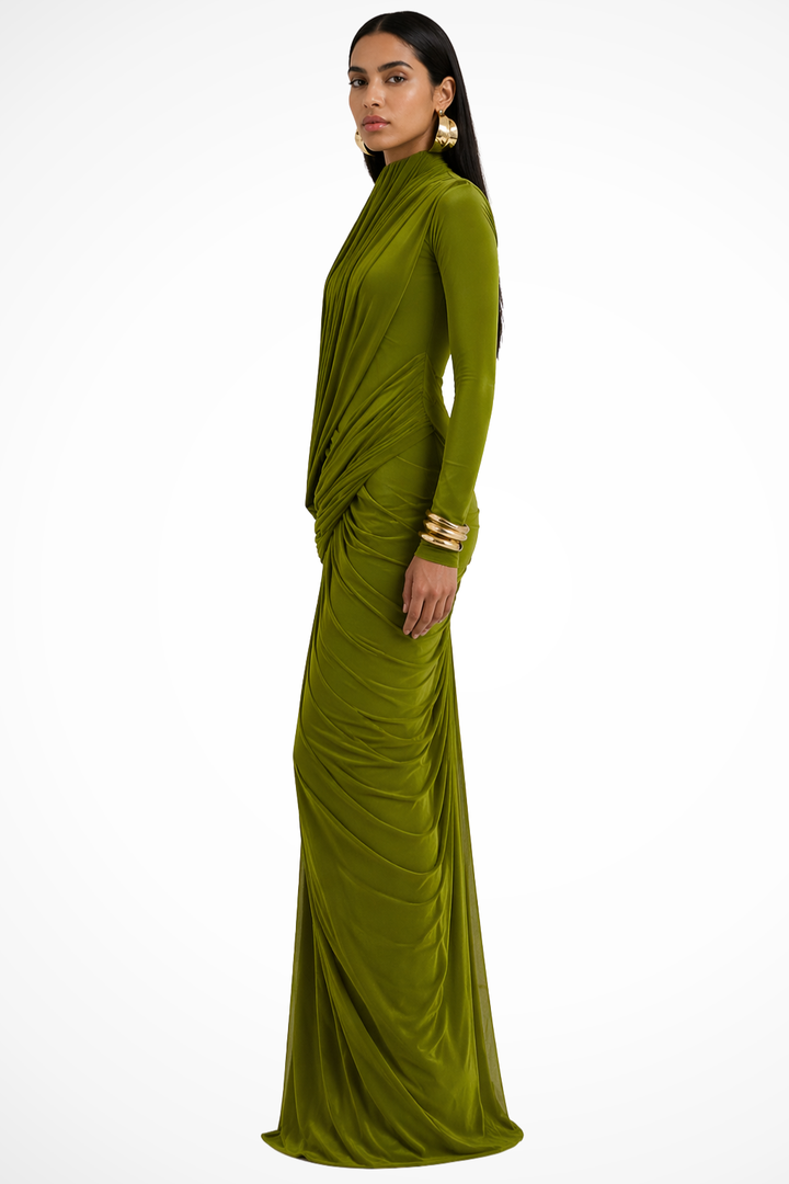 Formal women's elegant maxi dress featuring a high neck & draped design. Ideal for wedding guests & evening events.