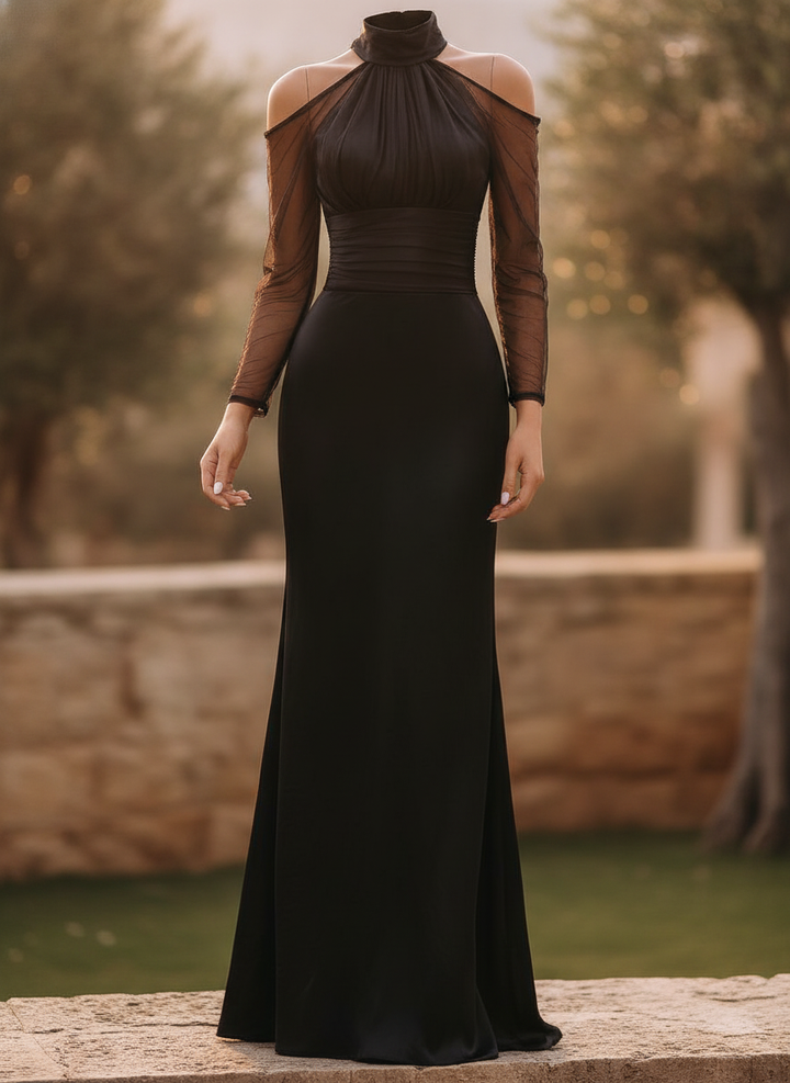 Elegant women's high-neck evening gown with sheer mesh sleeves & a belted waist, perfect for formal occasions.