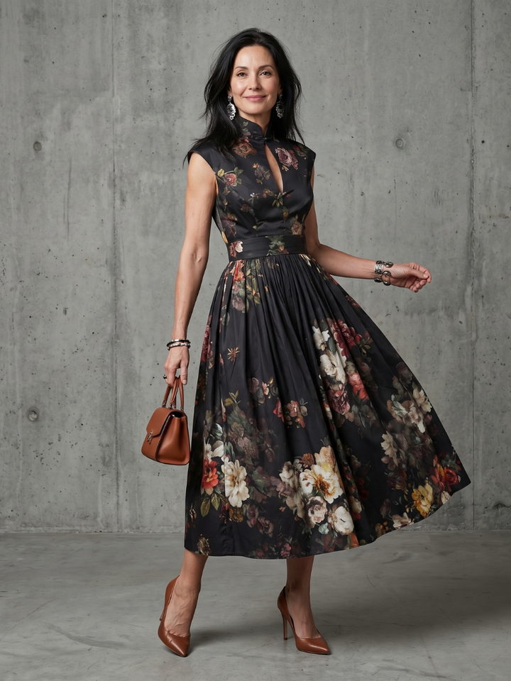 Elegant women's high neck floral pleated midi dress with keyhole detail. Perfect for summer parties & formal events.