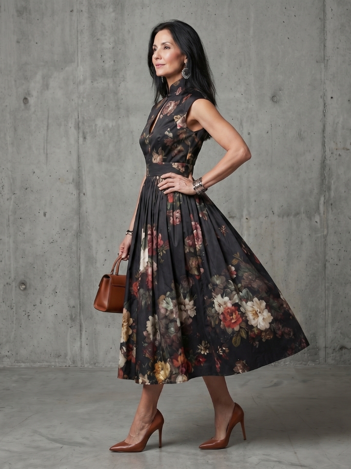 Chic sleeveless floral midi dress for women, featuring a high neck and pleated skirt. Ideal for evening wear.