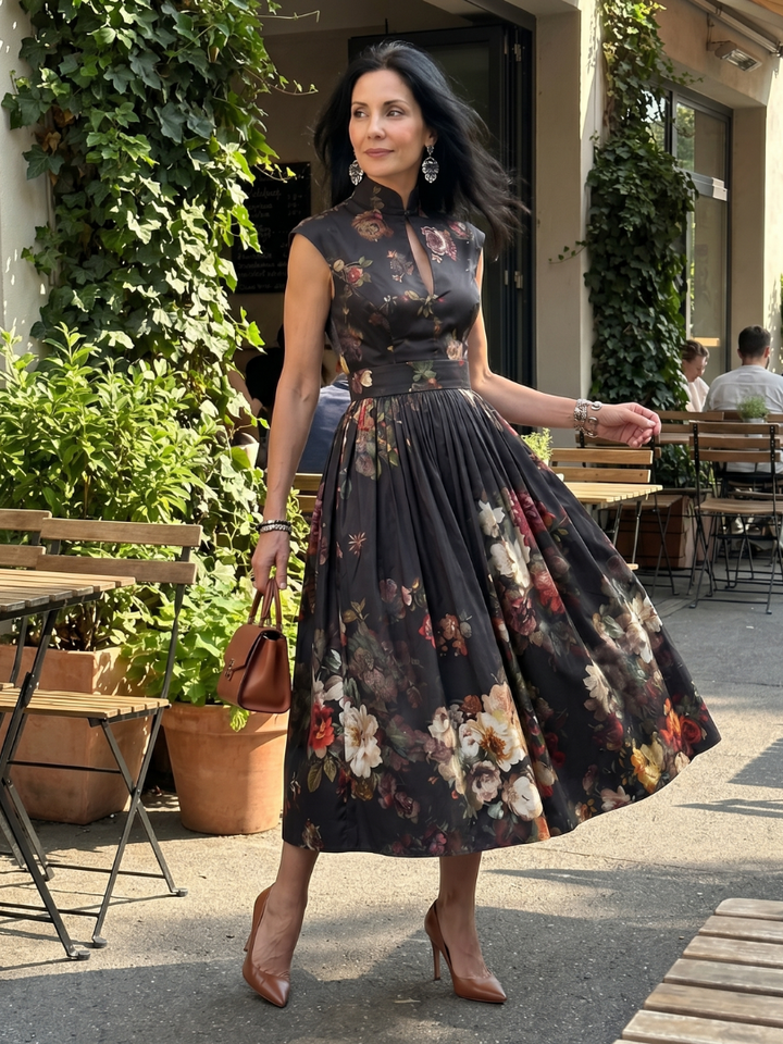 Beautiful women's floral pleated midi dress, high neck & sleeveless design, a chic choice for summer evenings.