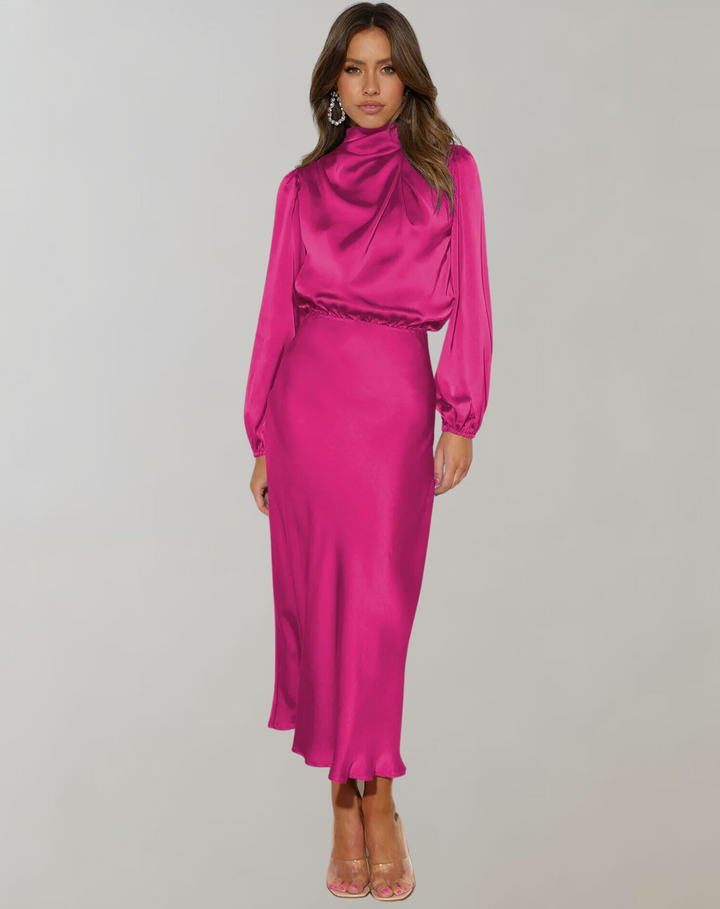 Sophisticated women's high neck long sleeve midi dress. Elegant formal wear for cocktail parties.